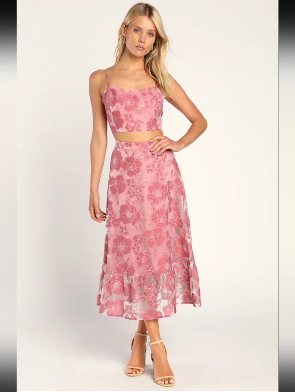 Lulu's Certainly Stylish Mauve Pink Burnout Floral Two-Piece Midi Dress